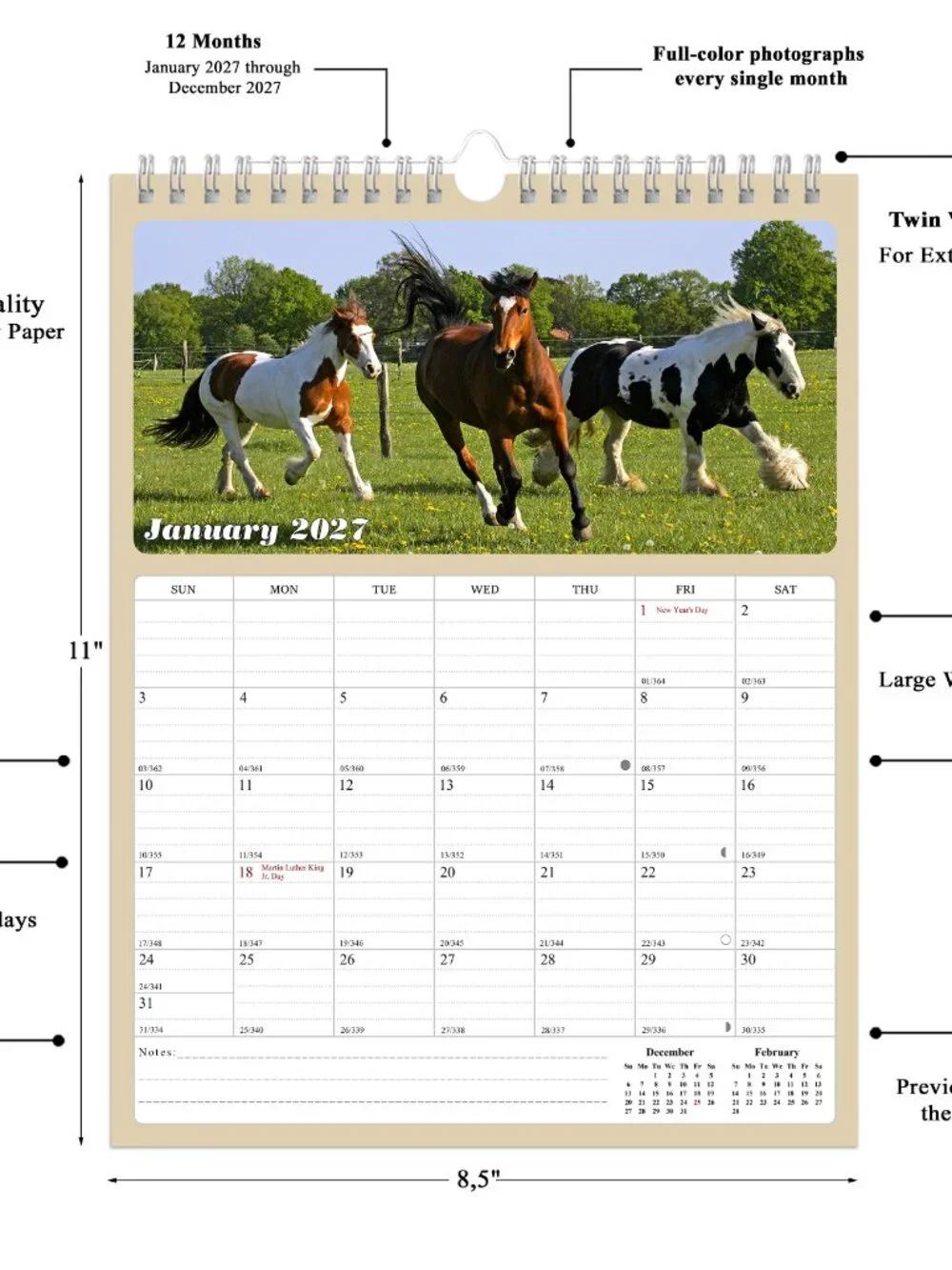 2027 Wall Calendar Spiral-bound Twin - 12 Months Planner 8.5